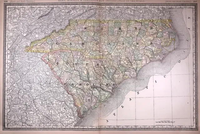 1887 Map ~ NORTH & SOUTH CAROLINA ~ Authentic Atlas Map (14x20) ~Free S&H #076