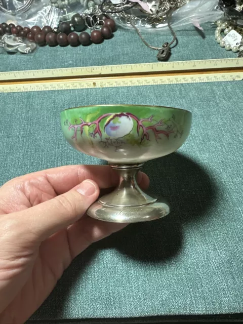 Vintage Handpainted Porcelain Coral Design Cup Sterling Base
