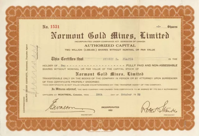 Normont Gold Mines, Limited - Foreign Stock Certificate - Foreign Stocks