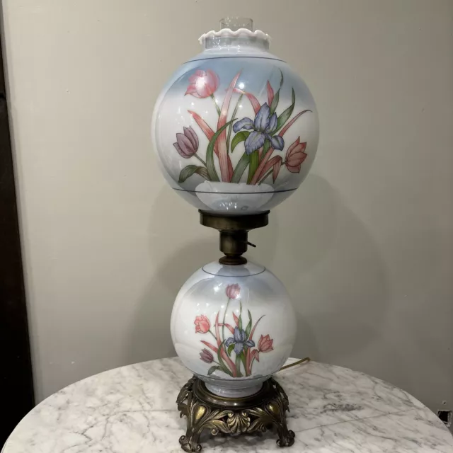 Vintage L & L WMC Baby Blue Floral Parlor Hurricane Table Lamp 25”Tall 10”Diam.