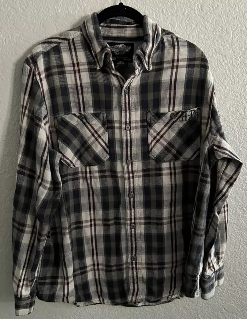 Harley Davidson Mens size L Button Down Shirt Embroidered blue cream Plaid