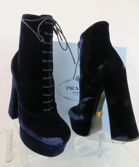 $1150 Prada 1Tp252 Blue Velvet Short Platform Ankle Lace Up Zip Heel Boots 38.5