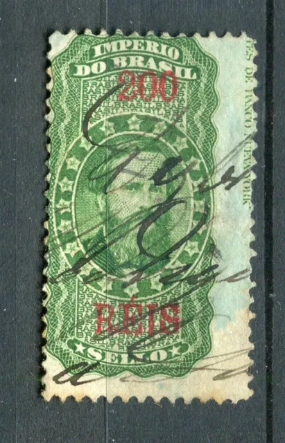 BRAZIL; 1870s early classic Pedro Revenue issue fine used 200r. value