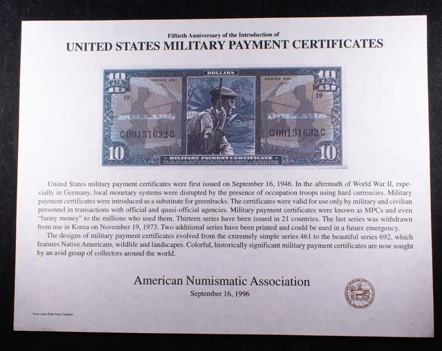 US Military Payment Certificate Print ANA 9.16.1996 Great Lakes Bank Note Co.
