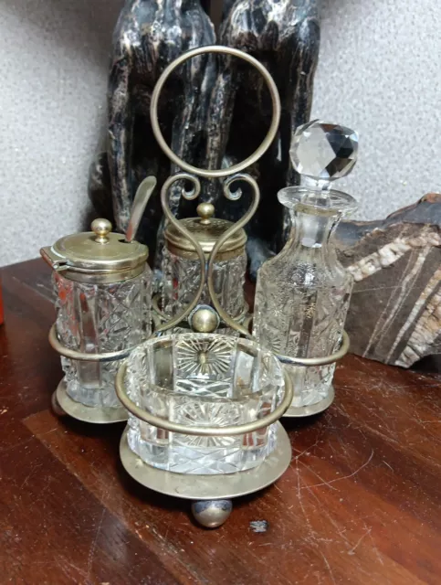 Early 20th Century Silver Plated 4 Piece Cruet Set- Stunning Glass Set