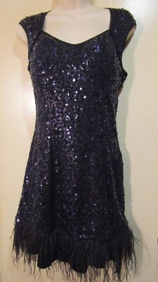 Vicky and Lucas Black Slinky Sequin Feathered Dress Size M New