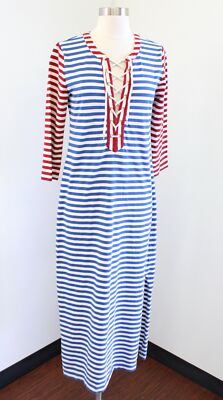 J Crew Blue Red Striped Lace Up Grommet Midi Maxi Dress Size S Nautical Beach