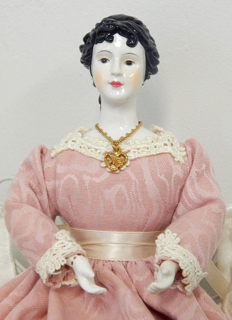 A Special Place 1999 14"Glazed China Porcelain Doll w/White Wire Bench &Cushions
