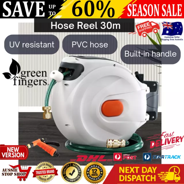 Greenfingers Water Hose Reel 30M Retractable Garden Brass Spray Gun Auto Rewind