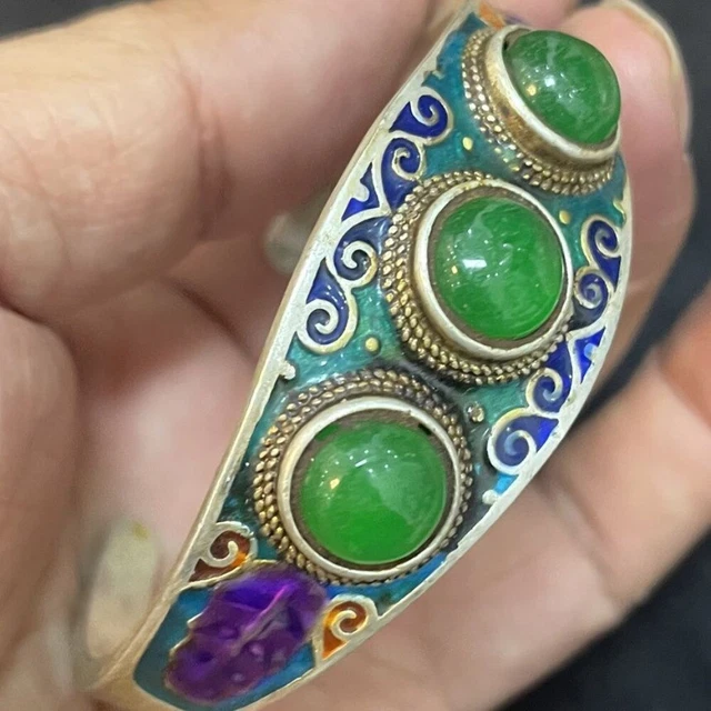 Old Chinese Tibet silver inlay green jade handmade bracelet 487
