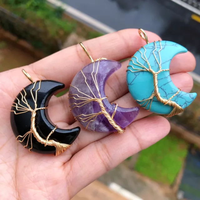 3pcs Mix Gems Stone Tree Of Life Pendants Moon Chakra Reiki Healing Amulet