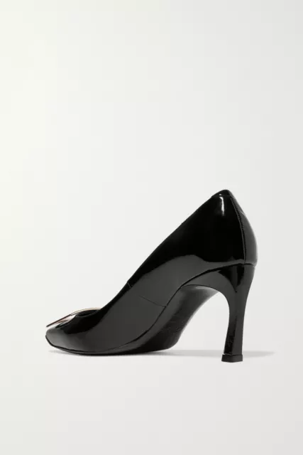 ROGER VIVIER Belle De Nuit Black Patent Leather Square Buckle Curve Heel Pump 37 3