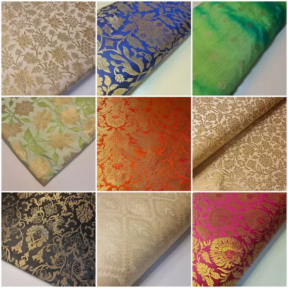 Gold Metallic Indian Banarsi Brocade Dress Material Fabric Assorted Designs 44"