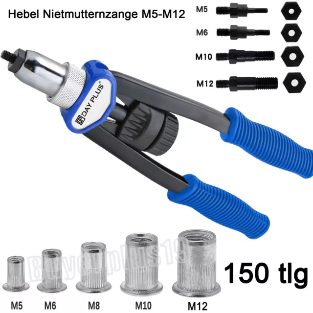 Nietmutternzange M5-M12 mit 150x STAHL Blind Nietzange Nietmutter Sortiment Set