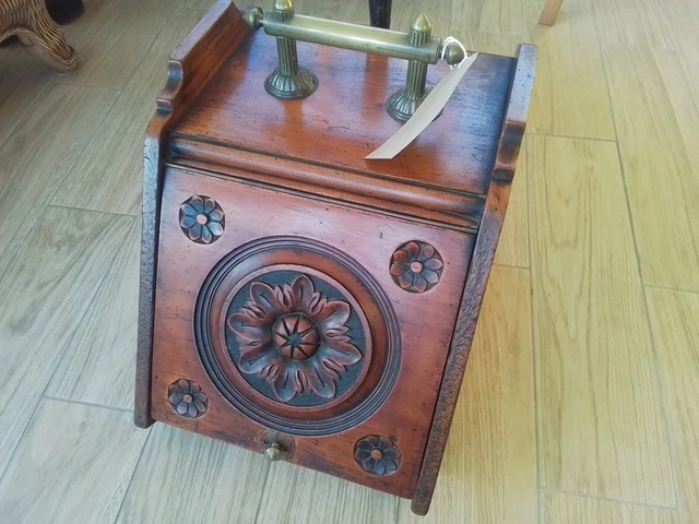 wooden antique coal scuttle , edwardian . carved , brass handle , metal tray 