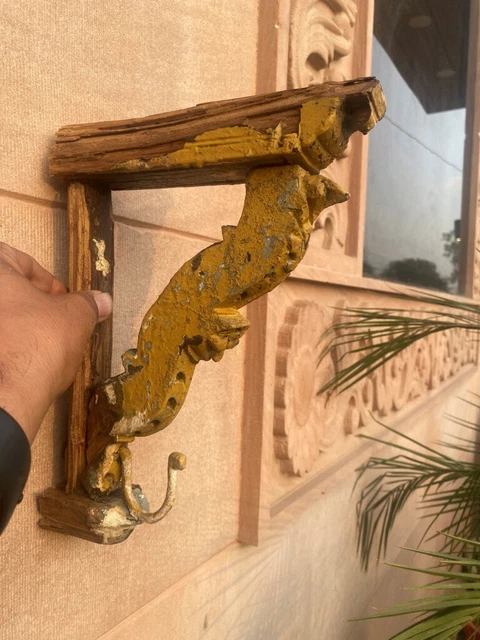 Ancient Old Wooden Hand Carved Wall Hanging Floral Corbel Bracket Hanging Hook
