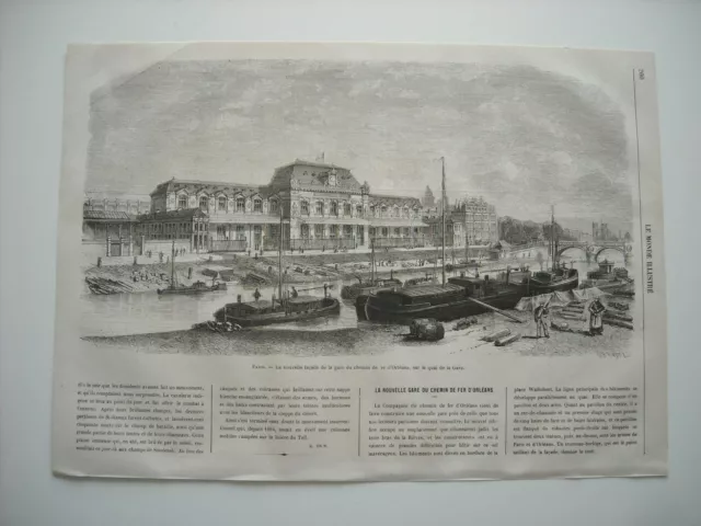 Gravure 1868. Paris. Nouvelle Facade Gare Chemin De Fer D’orleans, Quai De Gare.