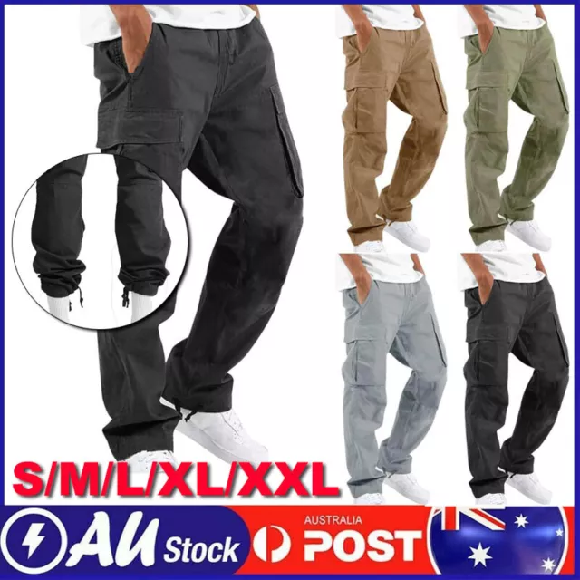 Mens Cargo Work Pants Elastic Waist Multi Pocket Fitness Sports Track Pants