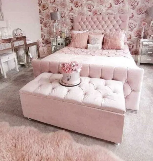 Blush Pink Plush Velvet Chesterfield Monaco Sleigh Bed Frame with diamante