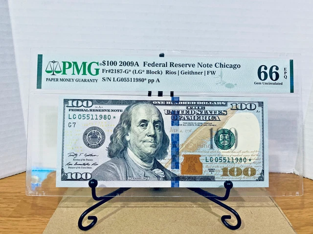 2009-A $100 Federal Reserve Note Chicago *STAR* PMG 66EPQ Serial #LG05511980*