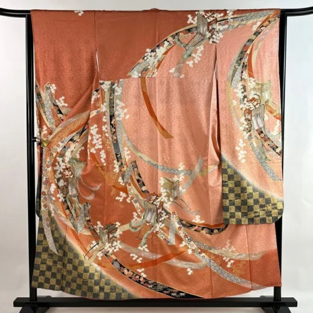 Japanese Kimono Furisode Pure Silk An Ox Drawn Coach Flower Bird Salmon Pink