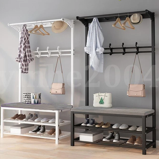 Sturdy Shoe Bench Hall Tree Entryway Storage Shelf Coat Rack Stand with 4 Hooks