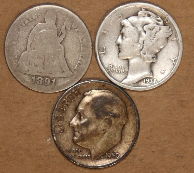 (3) Silver Dimes - 1891S Seated Liberty, 1938S Mercury, 1950S Roosevelt - #2099B
