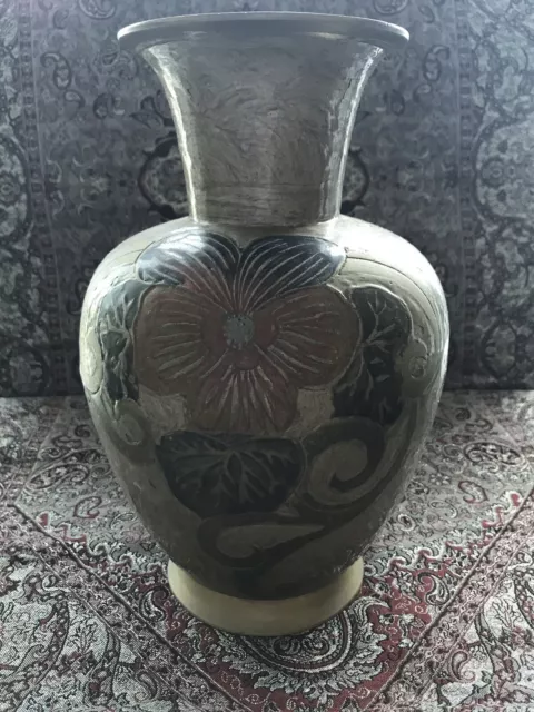 Vintage Art Deco - Brass Vase - Enamel Flowers - Signed A. DELLAUX Free P&P