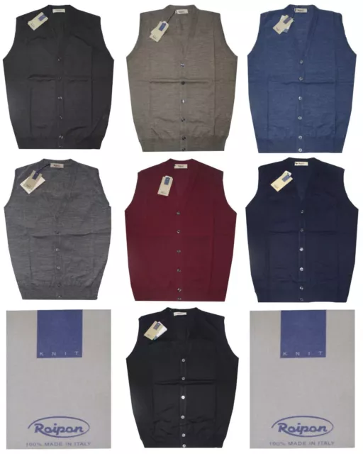 MAGLIA UOMO lana merino smanicata 46 48 50 52 54 56 58 60 gilet aperto bottoni