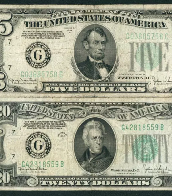 ((TWO NOTES)) $5 / $20 1934 Federal Reserve Note ** DAILY CURRENCY AUCTIONS