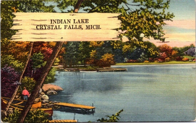 1951, Boat and Dock on Indian Lake, CRYSTAL FALLS, Michigan Postcard