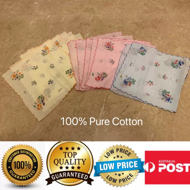 12 pcs Ladies Floral Handkerchiefs Square 100% Pure Cotton, 30cm*30cm,AU stock