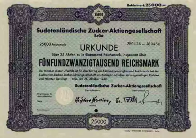 Sudetenländische Zucker AG 1940 Brüx Most Prag Aussig Lobositz Saaz Böhmen 25000
