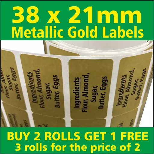 Gold Stickers - Custom Printed Logo, Gold address Labels - Tags 38 x 21mm
