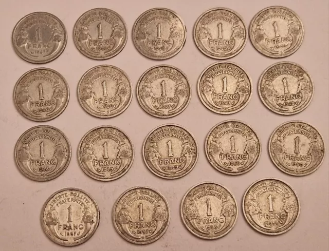 19 pièces de 1 Franc Morlon Aluminium  entre 1941 et 1959
