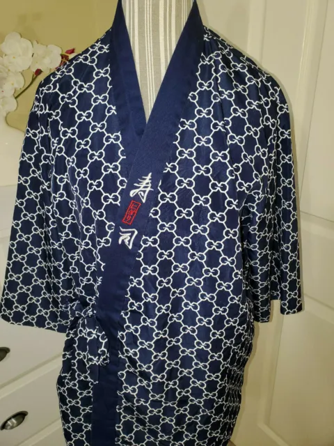 Japanese Traditional Navy & White Geometric Print Cotton Wrap Dress Women Sz.S`