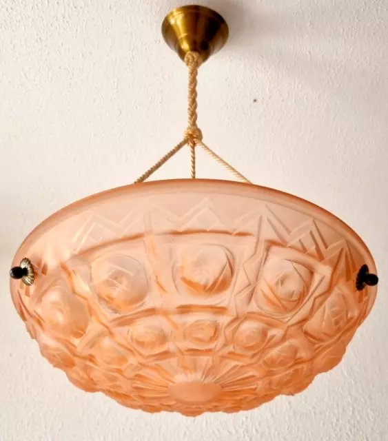 tolle Art Deco Schalenlampe rosafarbener Schirm & Kordelaufhängung um 1920