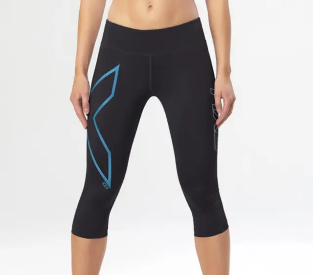 2XU Ice Mid Rise Womens Compression 3/4 Tights - Black/Ice Blue HOT BARGAIN