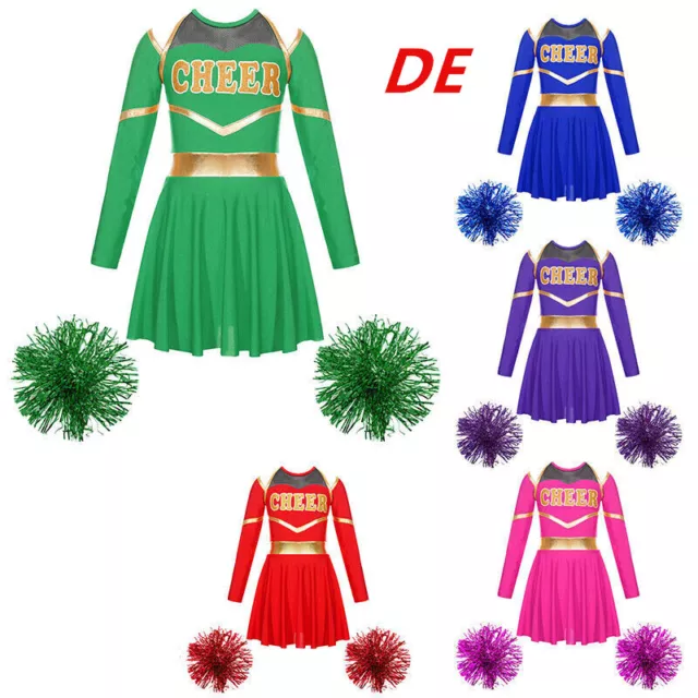 DE Kinder Cheer Leader Kostüm Mädchen Uniform Schulterfrei Kleid mit Pompoms Set