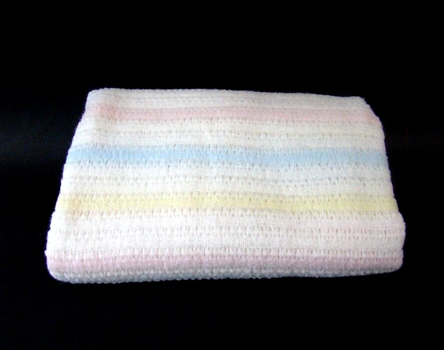 VINTAGE BABY BLANKET 100 Acrylic Satin Edges Pink Blue Stripes Nursery