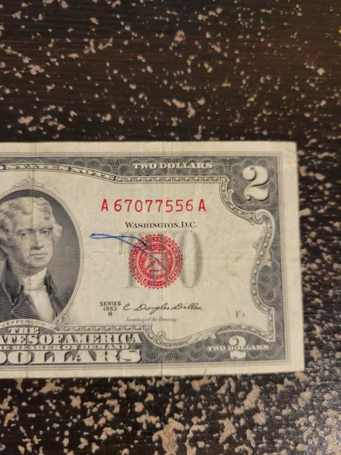 1953-B $2 Two Dollar US Red Seal Note Bill US Currency A67077556A Fancy Note
