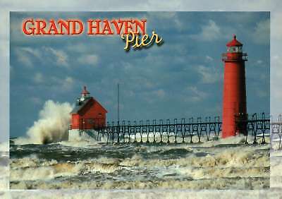 Grand Haven Pier and Lighthouse, Michigan, Stormy Waters, MI Light --- Postcard