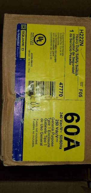 Square D H222N 60Amp 240V TYPE 1 INDOOR Safet Switch DISCONNECT