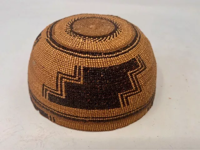 Rare Antique Small Round Native American Basket/Hat Geometric Design-Some Damage