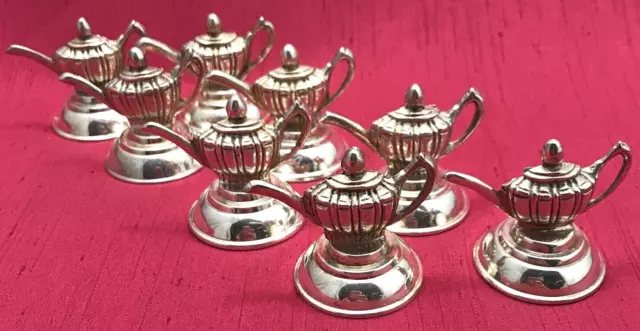 Vintage Set of 8 Victorian-Style ALDA'S Silverplated CARD HOLDERS Teapot