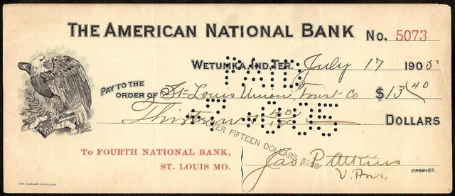 1905 $ Wetumka Indian Territory Oklahoma First National Bank Check Eagle