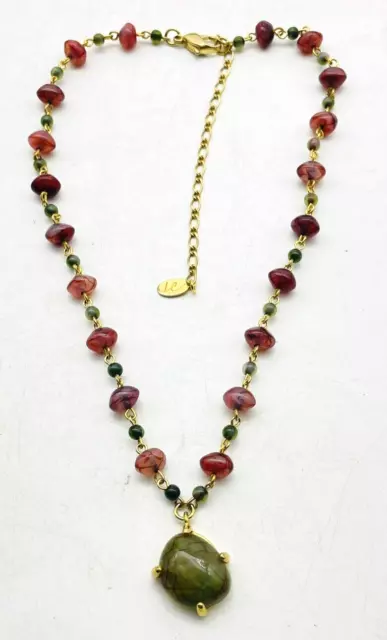 Liz Claiborne Marked LC Necklace Red Purple Station Beads Gold Tone Green Charm