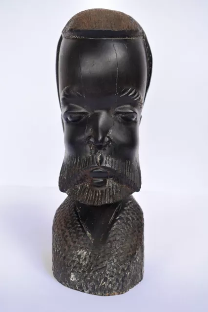 Vintage Carved African Tribal Man Head Bust Statue Black Ebony Wood Sculpture "2 3