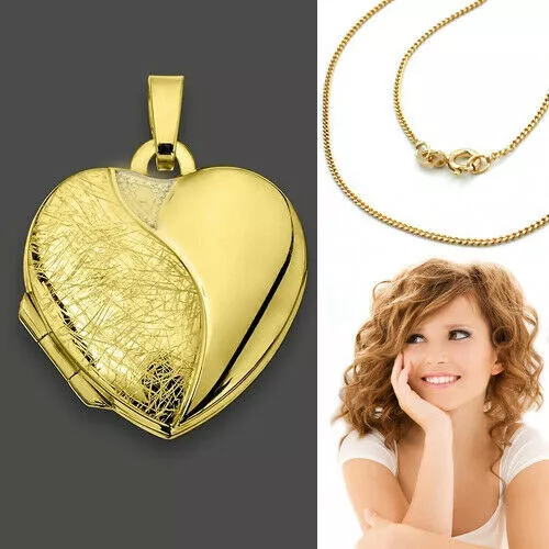 Damen Medaillon Herz Anhänger Foto Amulett Echt Gold 333 Gelbgold matt glänzend