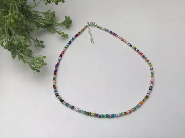 Necklace Handmade Multcoloured Multi Coloured Rainbow Seed Bead Choker Collar